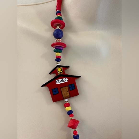 Vintage 90s Y2K Handmade Teacher Jewelry Set Schoolhouse Bus Necklace Earrings - Picture 8 of 13